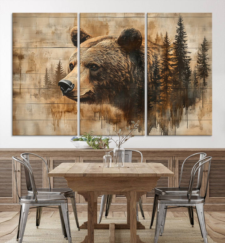 Abstract Rustic Grizzly Bear Wall Art Canvas Print - Woodland Wildlife Forest Print for Farmhouse Decor