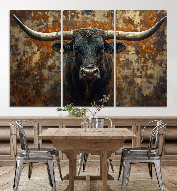 Abstract Longhorn Texas Bull Wall Art | Rustic Farmhouse Canvas Print | Ready to Hang Barn Decor for Farmhouse and Cabin Style