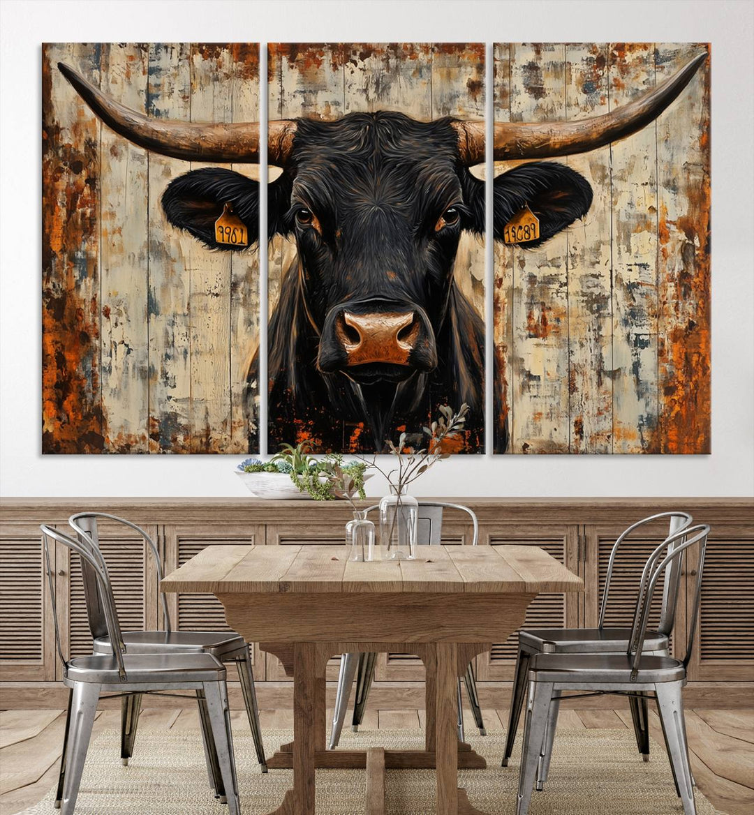 Abstract Cow Longhorn Bull Wall Art Canvas Print - Rustic Texas Western Cattle Artwork