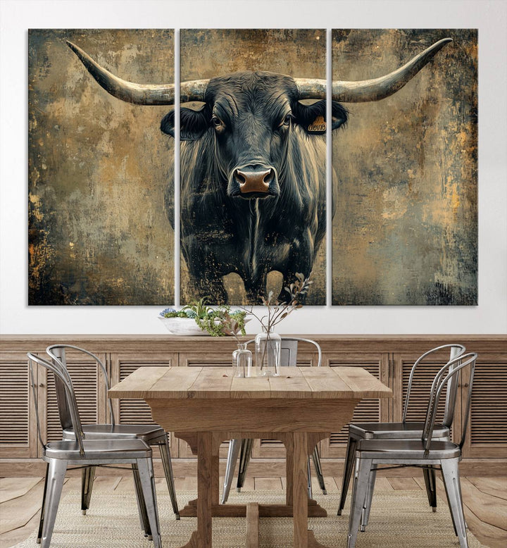 Abstract Cow Longhorn Bull Wall Art Canvas Print - Rustic Texas Western Cattle Artwork