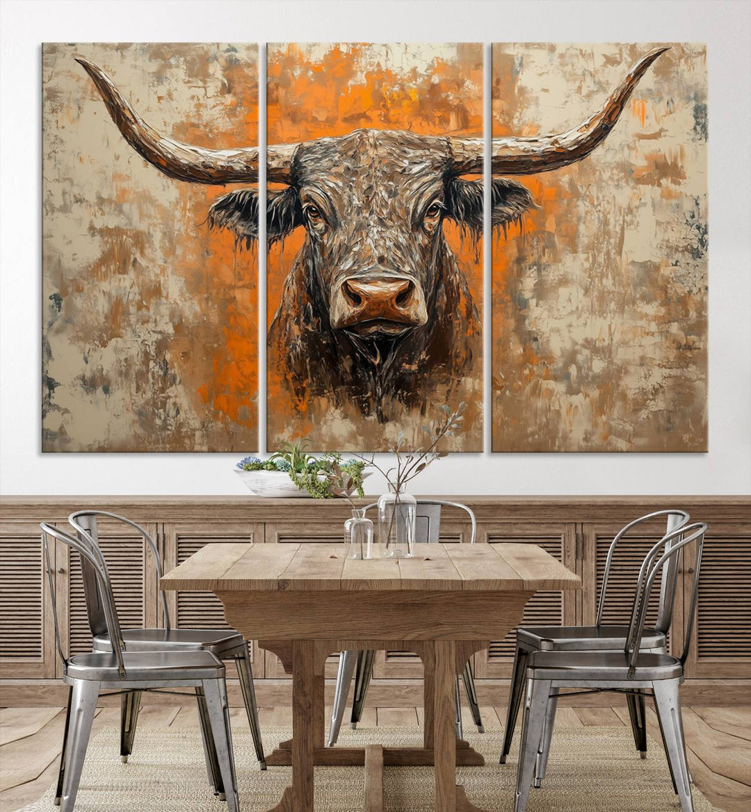 Abstract Cow Longhorn Bull Wall Art Canvas Print - Rustic Texas Western Cattle Artwork