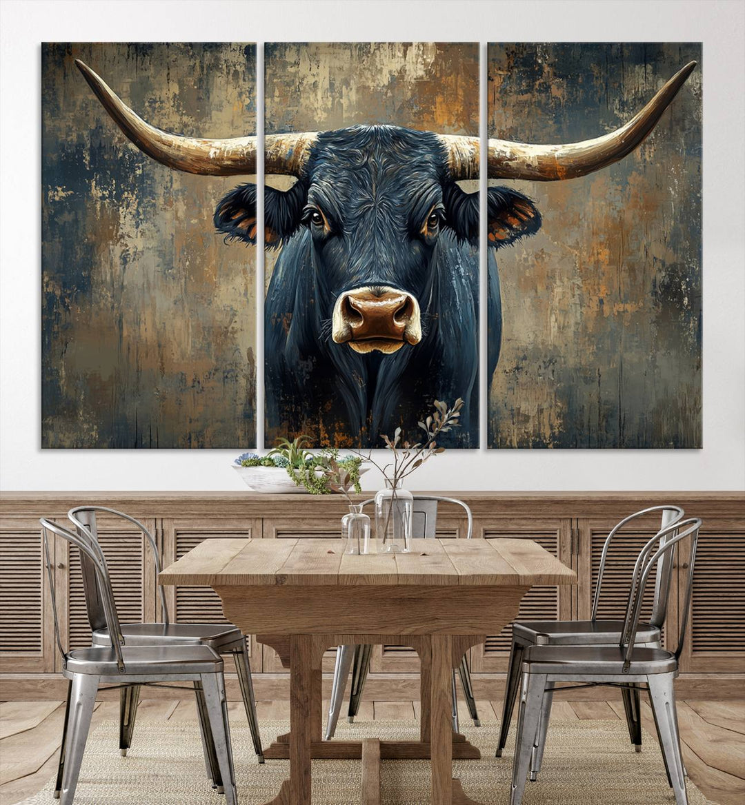 Abstract Cow Longhorn Bull Wall Art Canvas Print - Rustic Texas Western Cattle Artwork