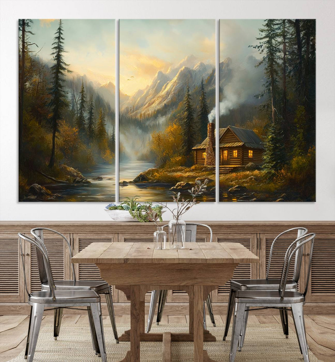 Wood Cabin Retreat Mountain at Sunset Wall Art Print - Serene Forest and River Landscape Wall Art Canvas Print