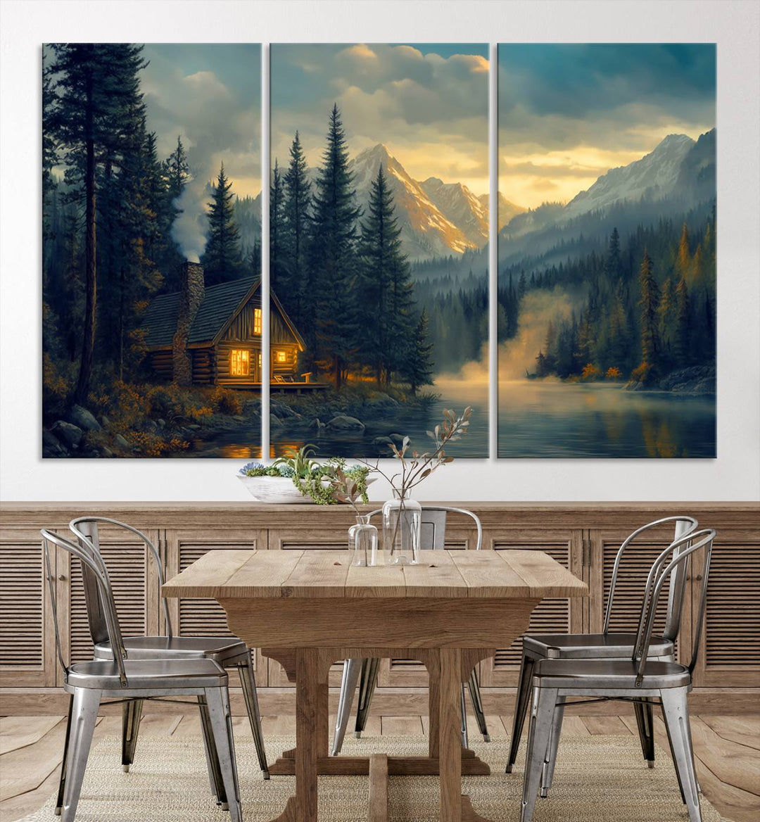 Mountain Cabin by the Lake at Sunset Wall Art - Serene Nature Canvas Print for Living Room Decor, Rustic Lodge Ambiance, 3-Panel Large Wall Art