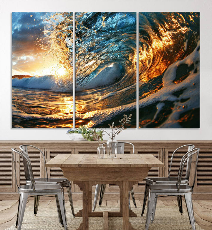 Ocean Wave at Sunset Wall Art | Ready to Hang Triptych Canvas Print | Coastal Wall Art for Living Room | Nautical and Beach House Decor