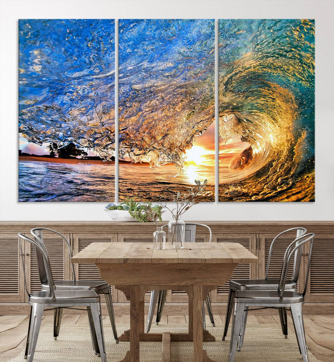 Ocean Wave at Sunset Canvas Print | Large Coastal Ocean Wall Art Print | Vibrant Beach Waves Art Print | Surf Lover Gift | Nautical Decor