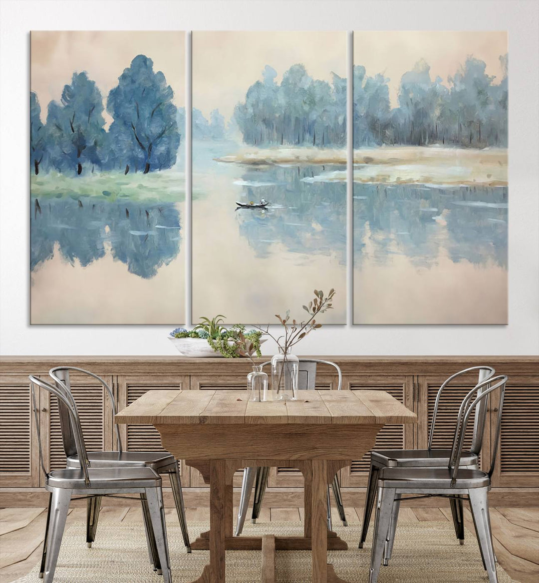 Landscape Printing Lake and Boat Scene | Serene Landscape Wall Art for Nature Lovers | Ready to Hang Triptych Canvas Print | Peaceful Blue Trees and Water Reflection Decor