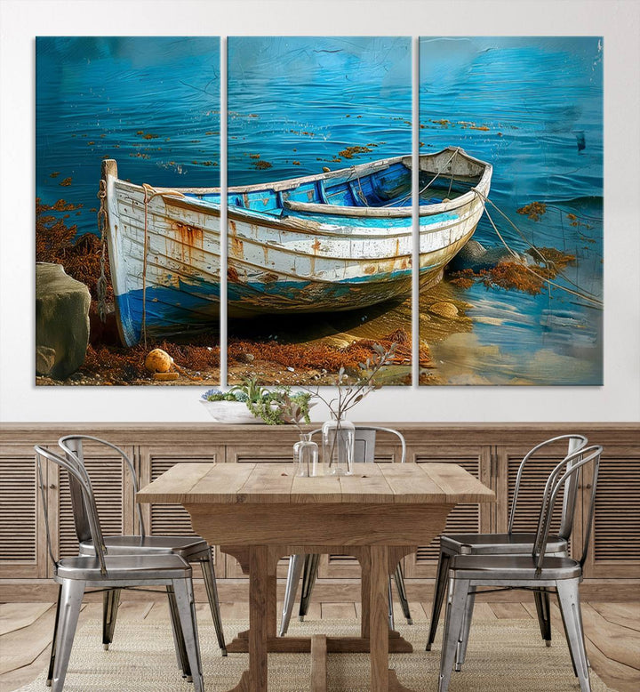 Vintage Boat on Tranquil Waters | Coastal Wall Art for Nautical Decor | Rustic Triptych Canvas Print | Beach House Art for Coastal Home Decor
