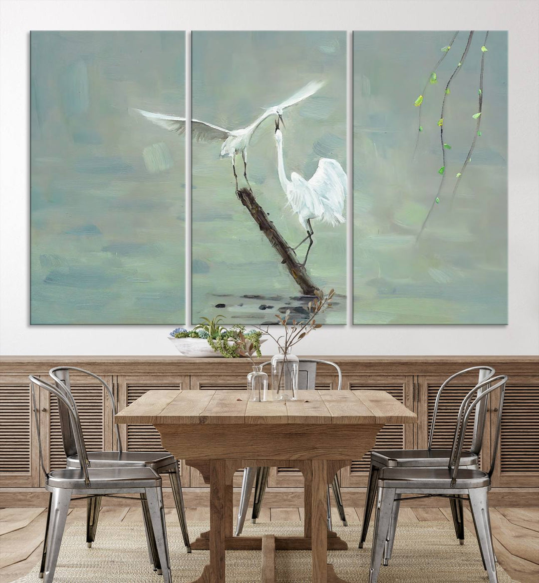 Elegant White Herons on Calm Waters | Coastal Wall Art for Nature-Inspired Decor | Serene Triptych Canvas Print | Ready to Hang Bird-Themed Art for Home Decor