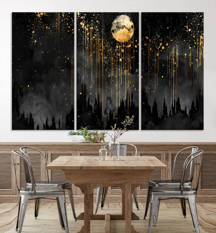 Gold Moon and Black Skyline Abstract Wall Art | Dark Modern Canvas Print with Dripping Gold Accents | Triptych Contemporary Homes