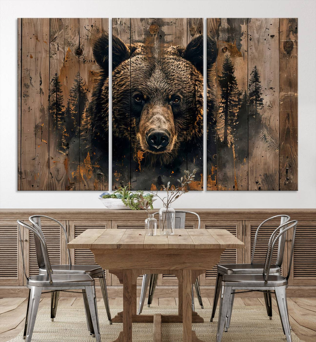 Rustic Bear Wall Art | Triptych Canvas Print | Rustic Cabin Wall Decor | Forest-Inspired Animal Art | Perfect for Farmhouse or Woodland Print