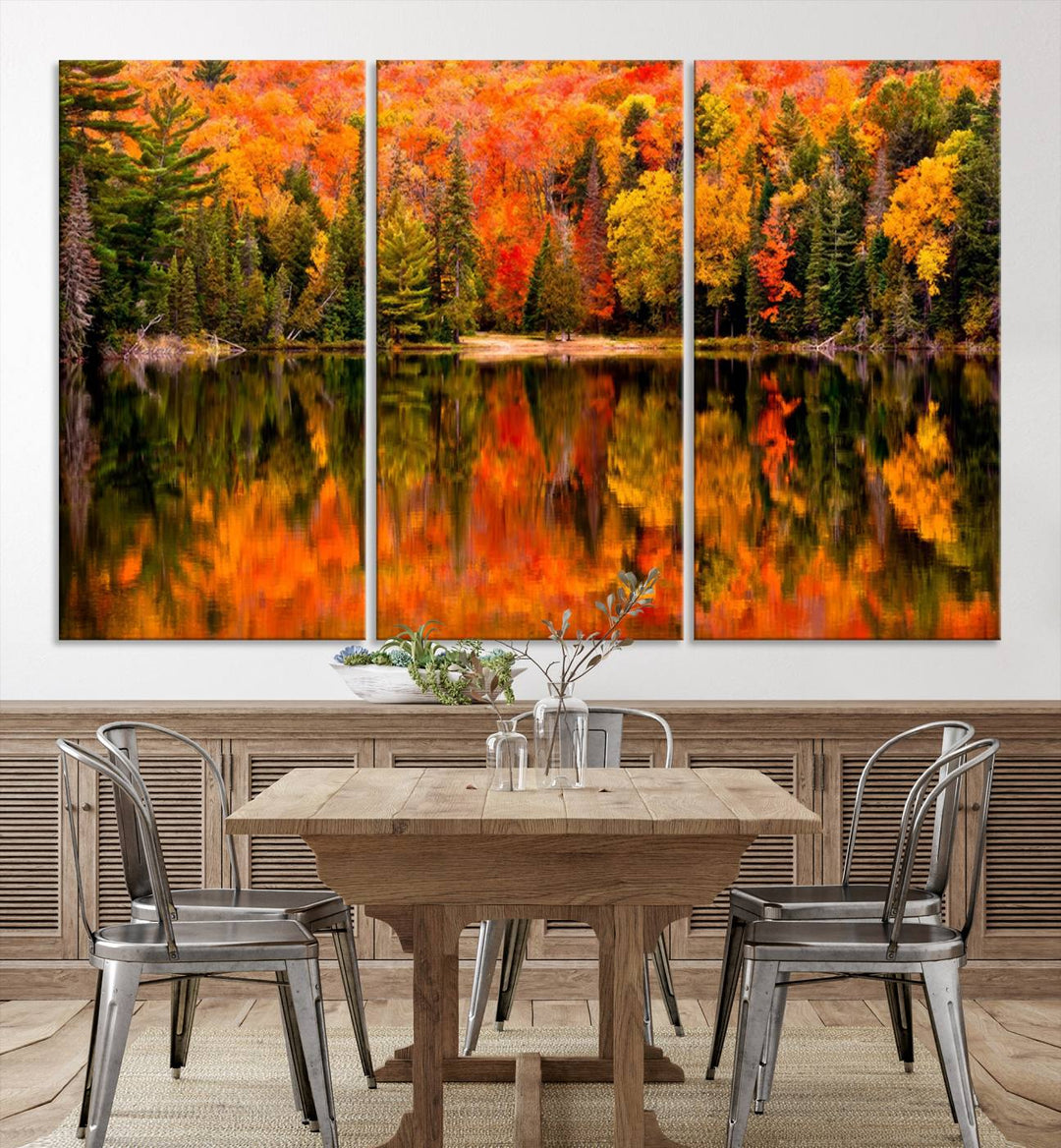 Autumn Forest Reflection Wall Art | Triptych Canvas Print | Vibrant Fall Foliage Wall Decor | Nature-Inspired Cabin Wall Art for Living Room