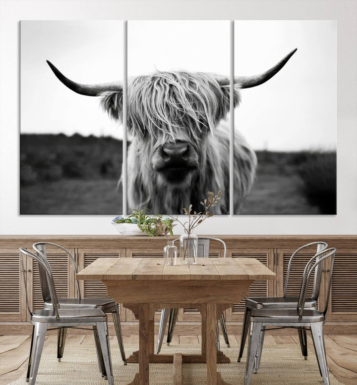 Highland Cow Wall Art | Black and White Farmhouse Decor | Ready to Hang Triptych Canvas Print | Rustic Barn Decor | Scottish Highland Cattle Art Print