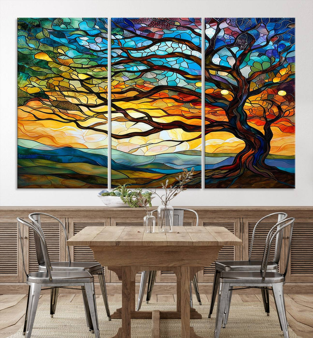 Vibrant Mosaic Tree of Life Wall Art | Stained Glass Style Canvas Print | Ready to Hang Artistic Decor