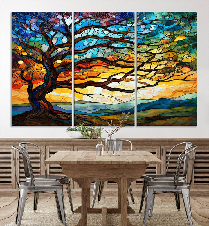 Mosaic Tree Wall Art | Ready to Hang Stained Glass Style Canvas Print | Farmhouse Wall Decor, Cabin Wall Art, and Unique Nature Home Decor