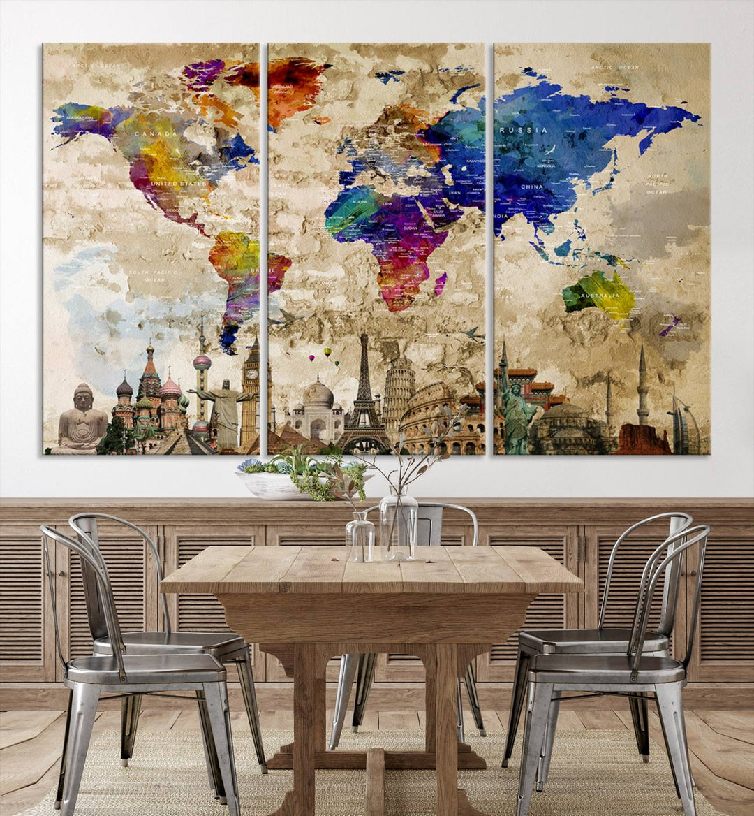 Framed World Map Canvas Print with Landmarks | Multi-Panel Wall Art | Ready to Hang Decor for Living Room, Office | Global Travel Wall Art | Vibrant Landmark Design