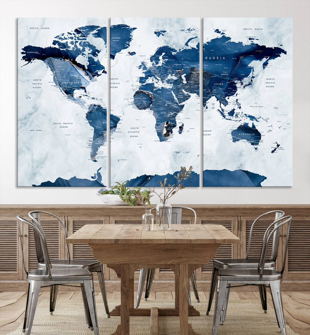 Navy Blue World Map with Antarctica Canvas: A perfect abstract home decor piece featuring a grunge-stained background.