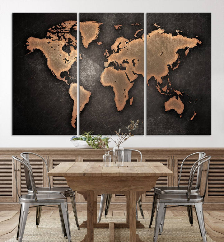 Maroon World Map Wall Art: Copper continents on a grunge-stained canvas, ideal for enhancing your decor.