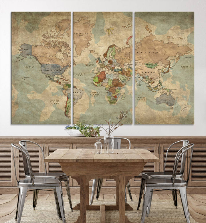 Vintage World Map Canvas Wall Art – Antique Triptych Map Print – Rustic Global Decor for Living Room or Office – Ready to Hang