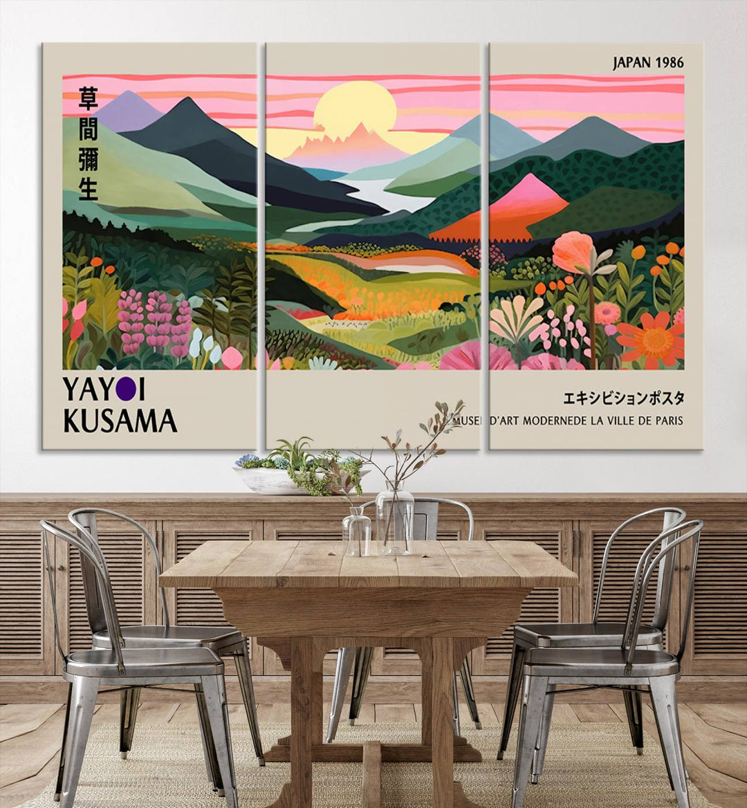 Vibrant abstract landscape canvas with mountains and fields, titled Yayoi Kusama 1986 Wall Art Print.