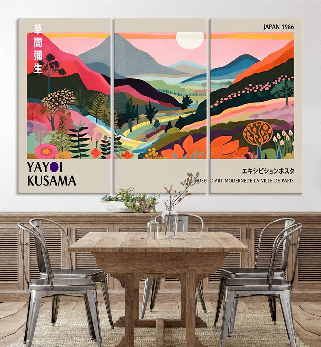 Vibrant abstract landscape canvas inspired by Yayoi Kusama, featuring mountains, trees, and flowers in a triptych style.