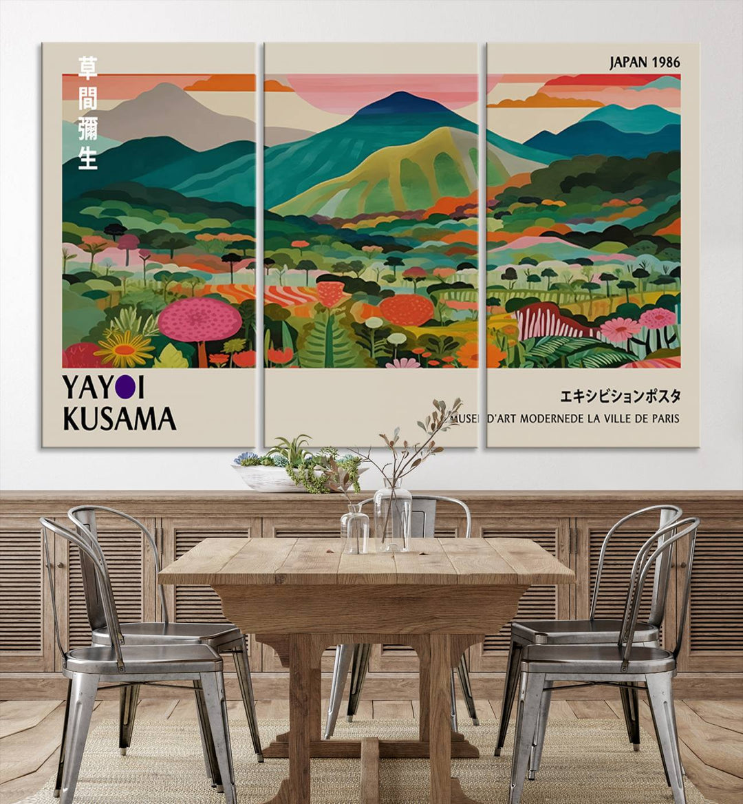 1986 Yayoi Kusama Art Print – Vibrant, abstract landscape featuring hills and trees in a Japanese Wabi Sabi style. Ready-to-hang.