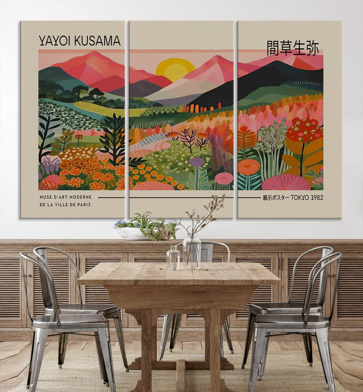 A vibrant abstract triptych features mountains, a sun, and plants in Yayoi Kusamas style with Japanese and French text included.