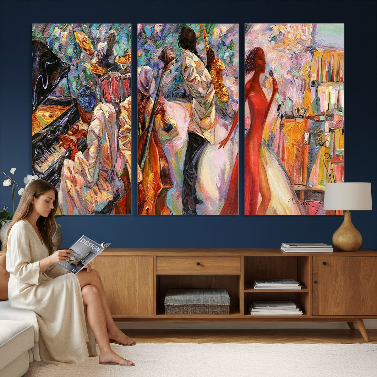 40574-_Poster-30x20 - Afro American Jazz Band Canvas Wall Art | 3 Panel Music Studio Decor