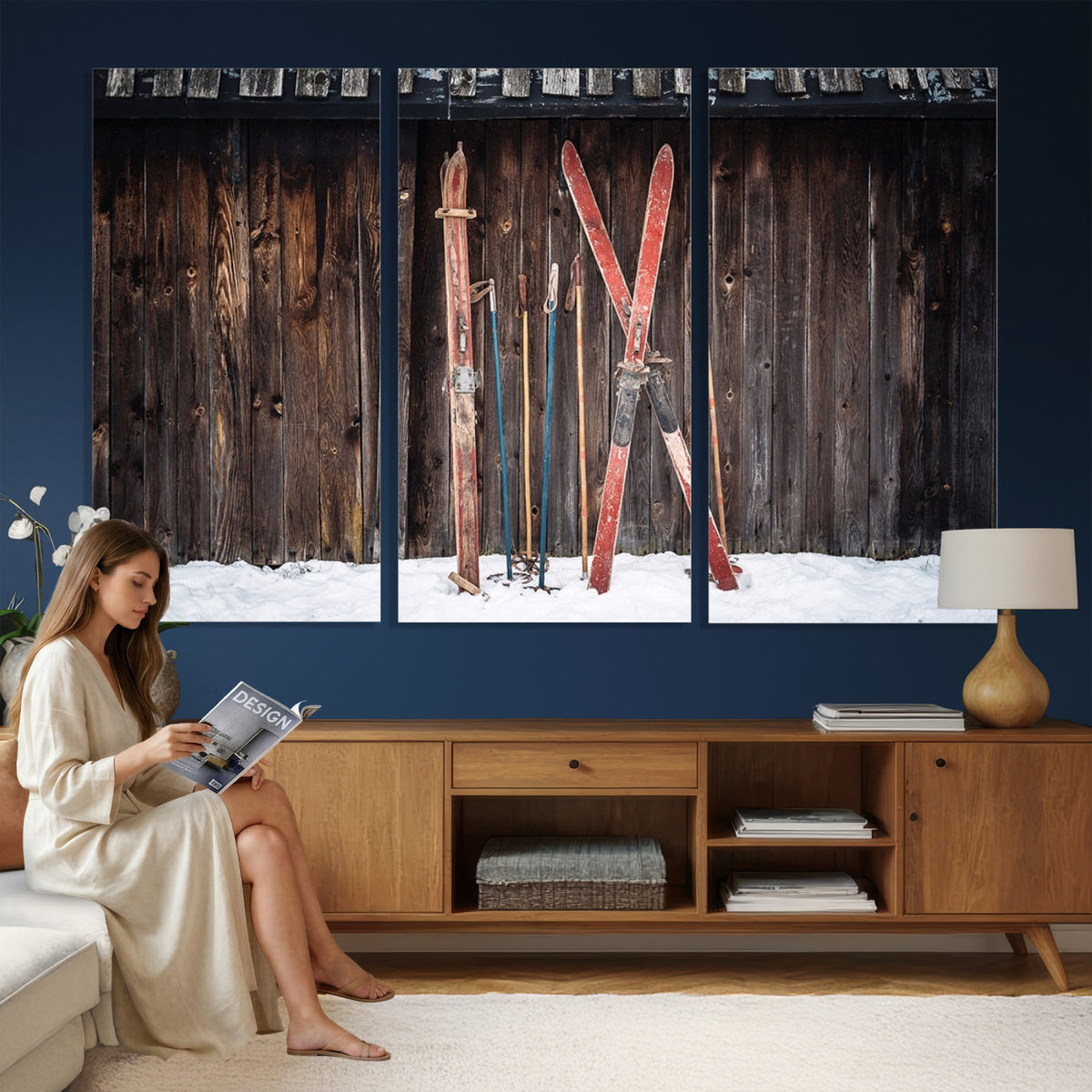 78590-MGV-CV-36X24 - Vintage Ski Gear Canvas Print, Vintage Ski Gear Against Wooden Cabin Wall