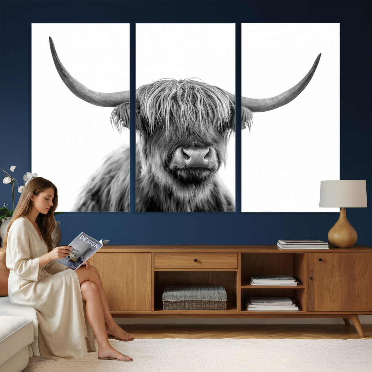 75503-_Poster-30x20 - Scottish Highland Cow Cattle Art Print Wall Art Canvas Print for Farmhouse Decor, Framed Scottish