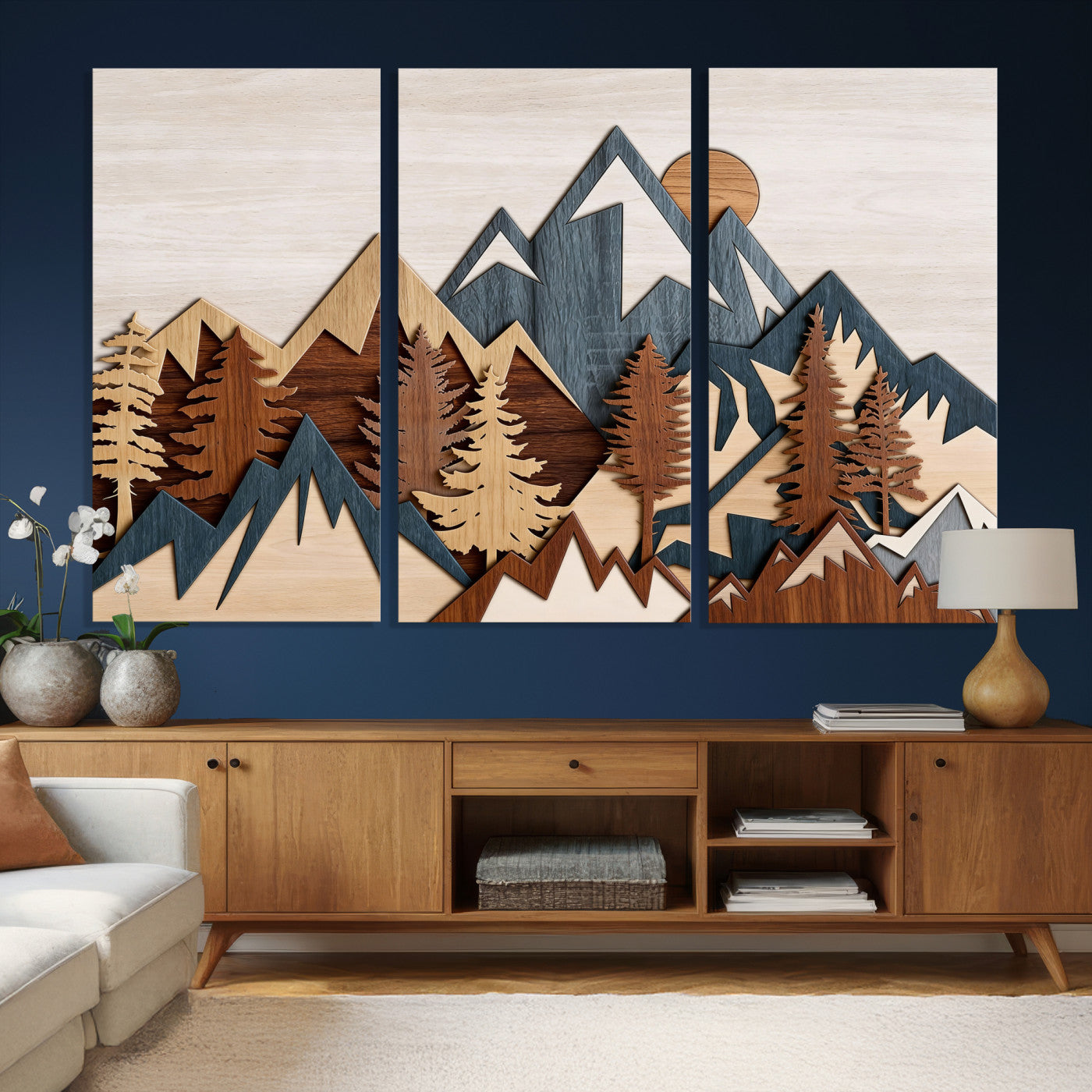 67950-MGV-CV-36X24 - Rustic Abstract Wood Panel Effect Canvas Mountain Range Top Wood Wall Art Canvas Print