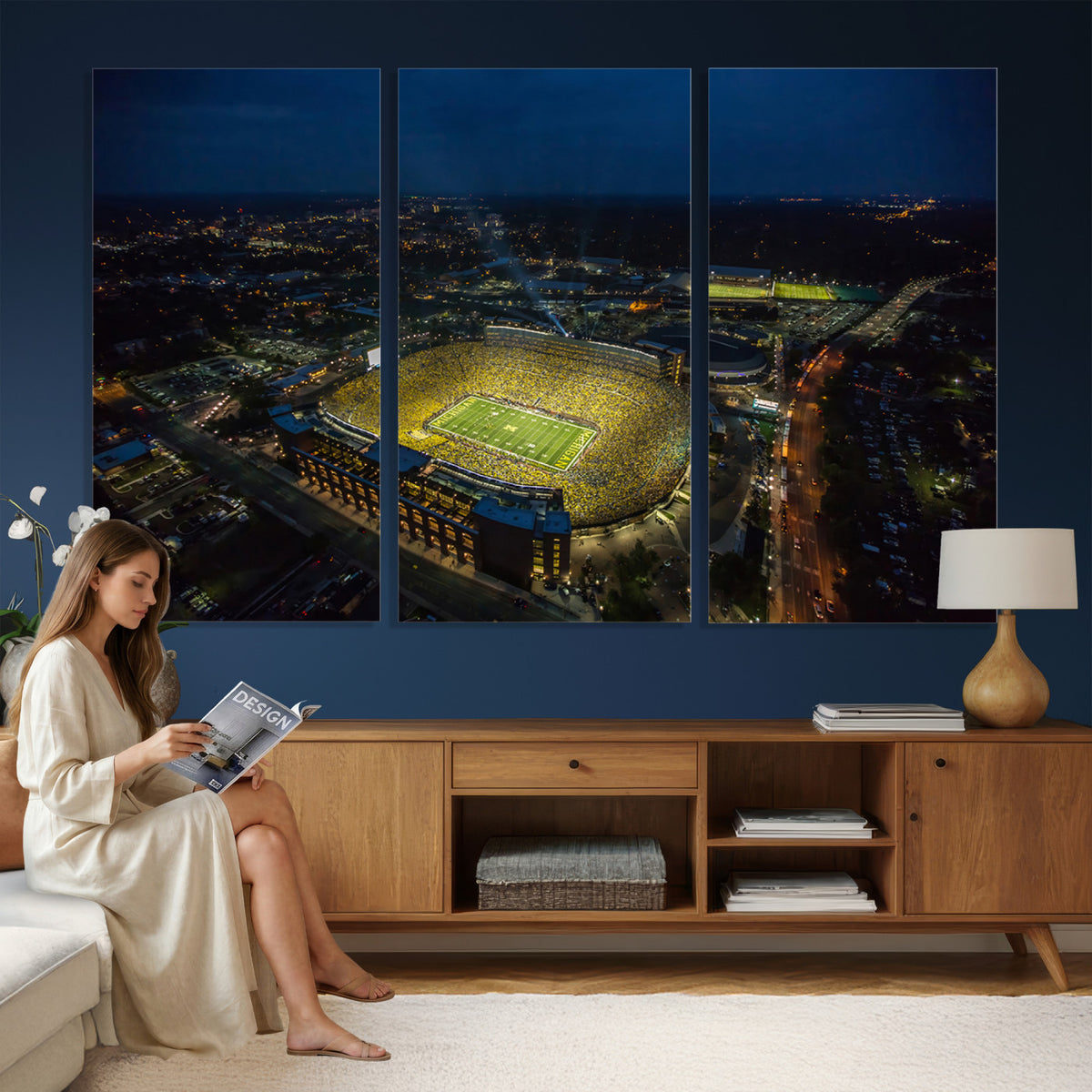 33588-MGV-CV-36X24 - Michigan Stadium Night Game Wall Art | Sports Arena Aerial View Canvas