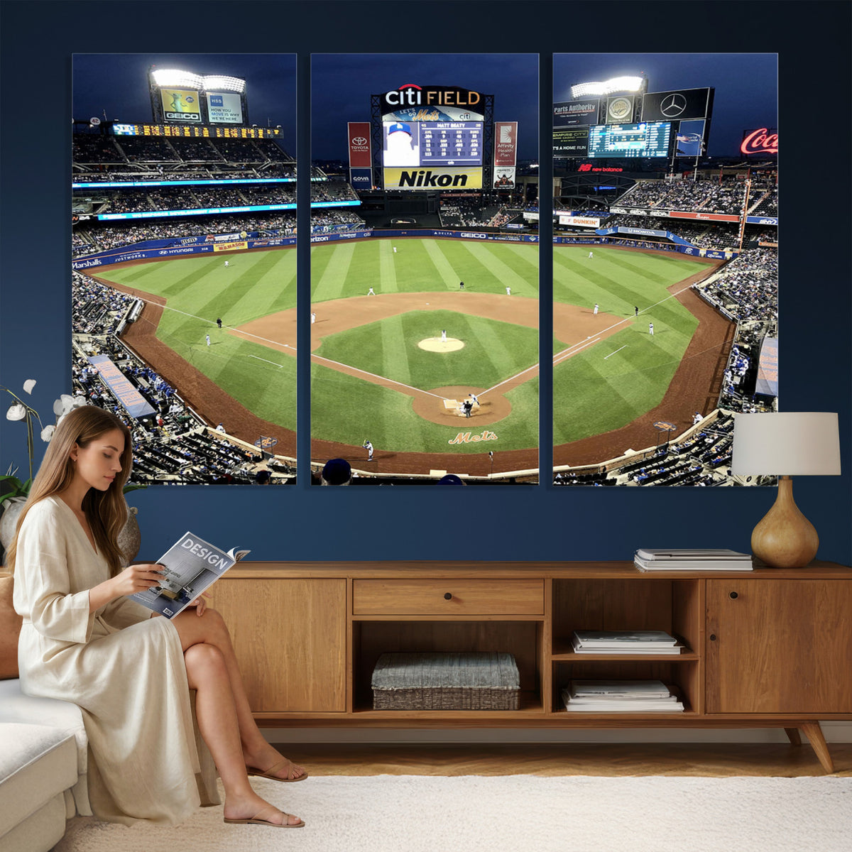 87666-MGV-CV-36X24 - Citi Field Wall Art Print | 3-Panel New York Mets Baseball Stadium Canvas Print | Framed Sports