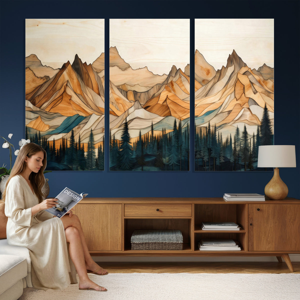 31576-PAN-FL-20X10 - Rustic Wood Mountain Wall Art Print | Triptych Giclee Print Featuring Handcrafted Forest and