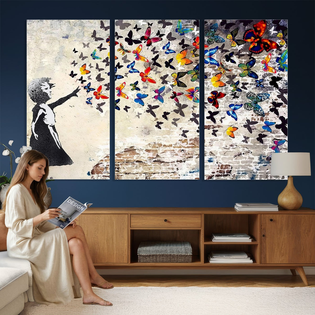 97895-MGV-CV-24X16 - Banksy Graffiti Wall Art Canvas Print, Girl Releasing Vibrant Butterflies