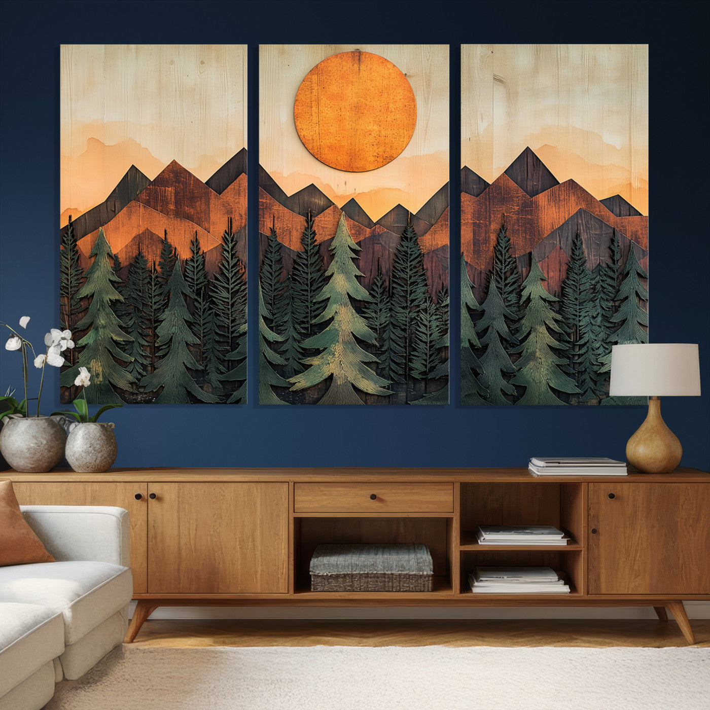 77739-MGV-CV-36X24 - Wood Style Sunset Mountain Landscape Canvas Wall Art Print - Nature Decor for Living Room, Office