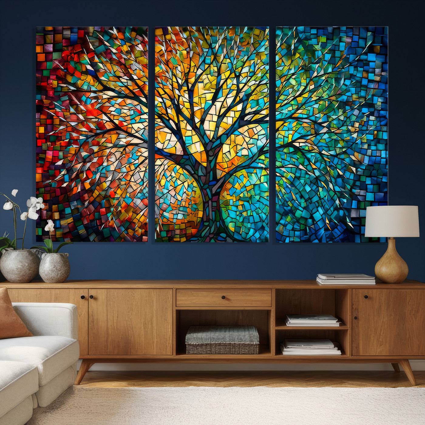 99325-MGV-CV-36X24 - Yggdrasil Tree of Life Wall Art Print Canvas | Mosaic Style 3-Panel Canvas Print