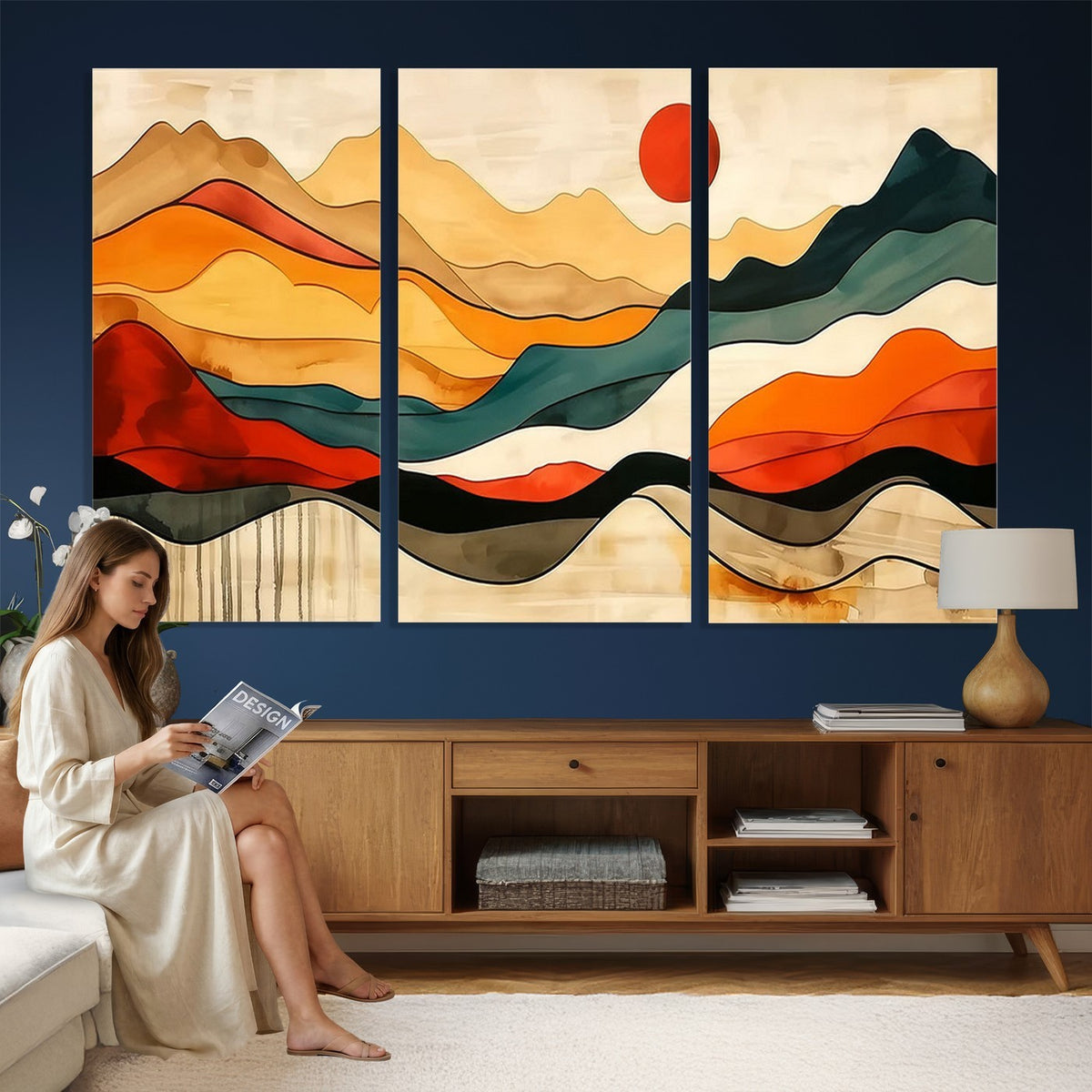 23241-MGV-CV-24X16 - Mid Century Wall Art Print, Abstract Woodland Mountain Print, Panoramic Modern Art