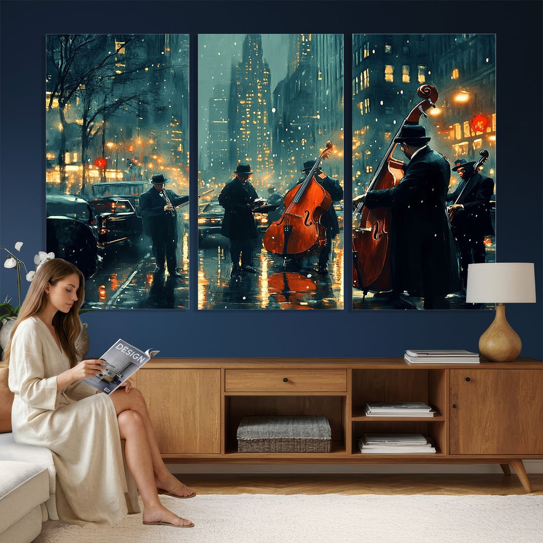 Urban Night Jazz Wall Art Canvas Print | Moody Rain Soaked City Street Band Scene