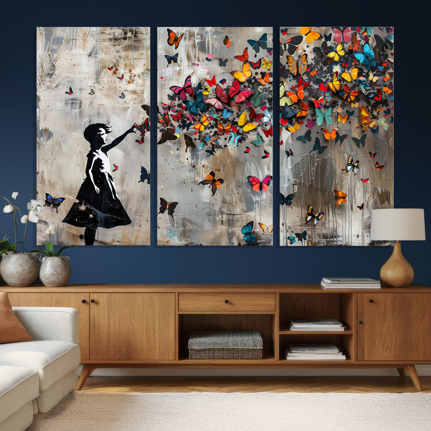 51446-MGV-CV-36X24 - Banksy Butterfly Girl Wall Art | 3-Piece Butterfly Girl Canvas