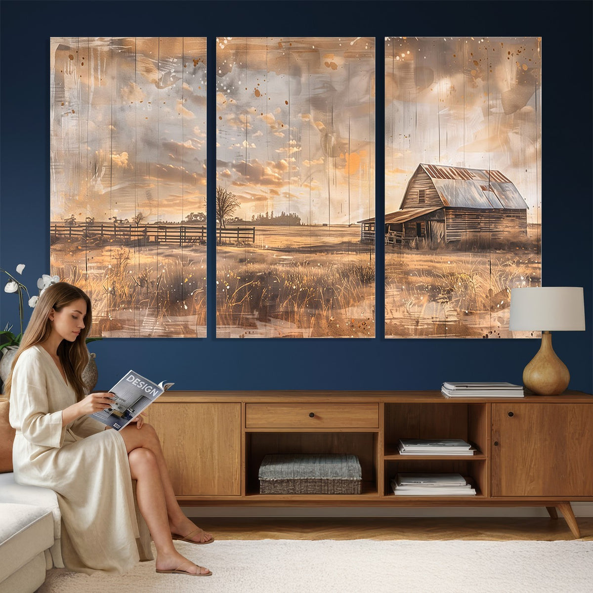 FARM2-MGV-CV-24X16 - Rustic Farmhouse Wall Art Canvas Print | Barn and Field Vintage Country Landscape