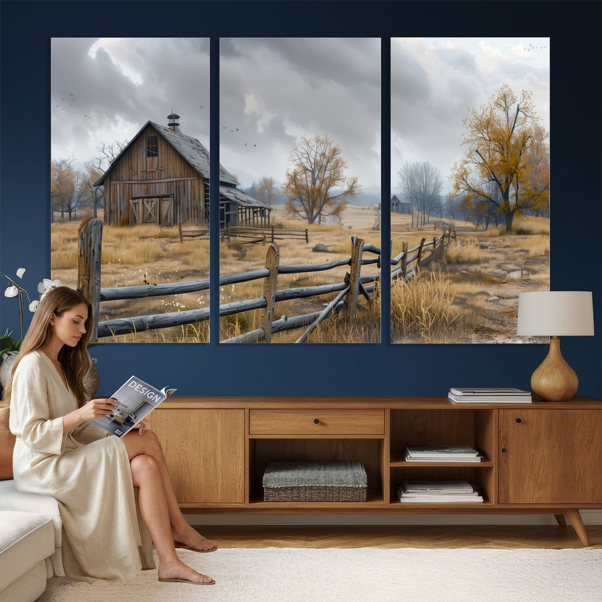 Farm1-MGV-CV-24X16 - Rustic Autumn Farmhouse Wall Art Canvas Print | Serene Countryside with Weathered Barn