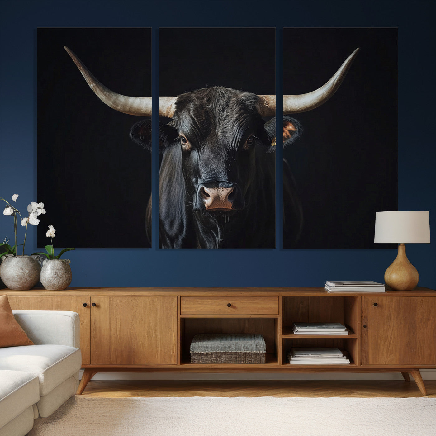 48065167-MGV-CV-36X24 - Texas Longhorn Bull Wall Art Canvas Print – Western Black Bull Art Print for Farmhouse Ranch Decor