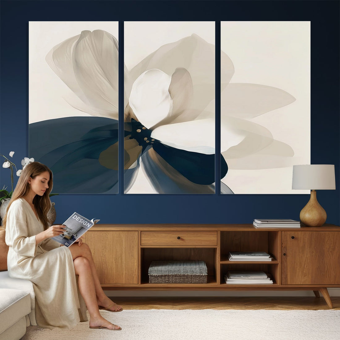 Minimal Flower Wall Art Canvas Print | Framed Beige and Navy Bloom