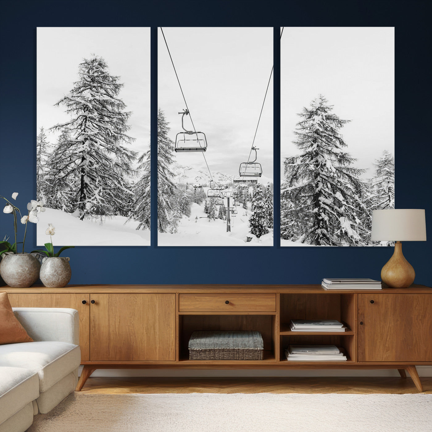55003599-MGV-CV-36X24 - Wall Art Canvas Print Winter Chairlift Views Silent Snow-Covered Pines Mountain Calm Serenity Frozen