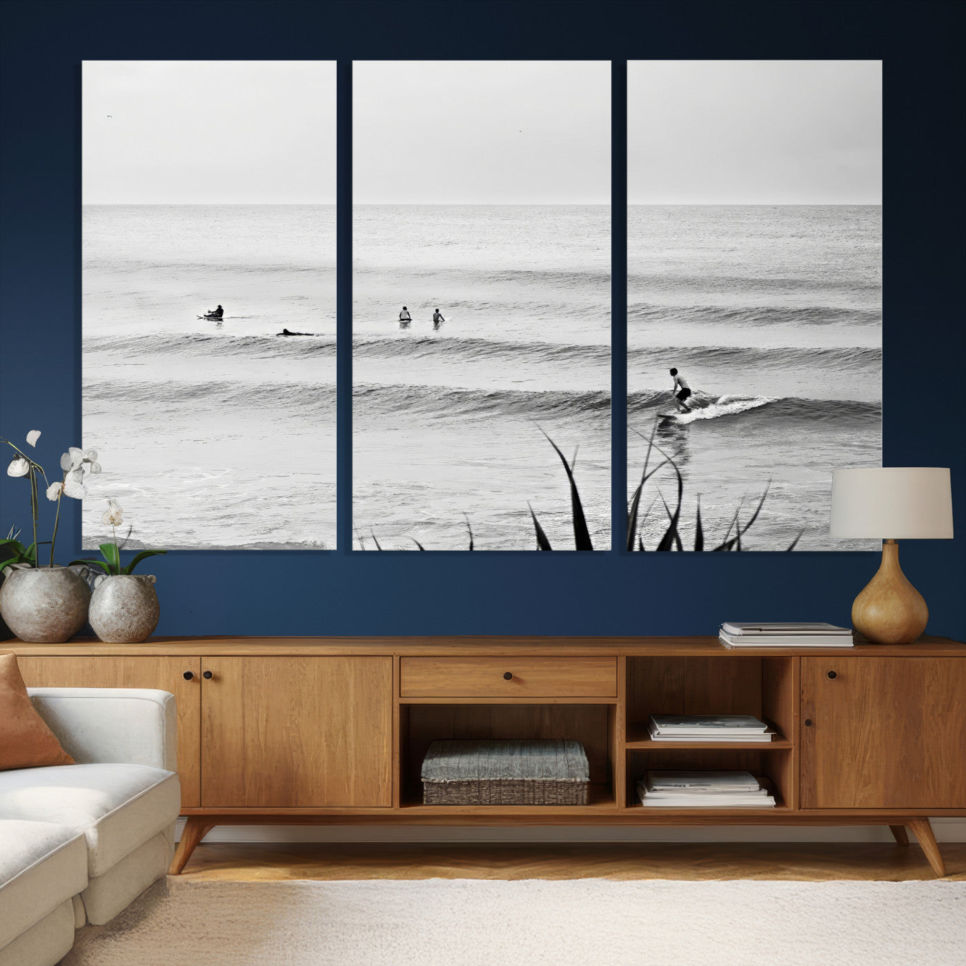 33821421-MGV-CV-36X24 - Surfer Silhouette Wall Art Canvas Print, Framed Calm Ocean Art Picture Print, Monochrome Surf Minimalist Coastal Decor Artwor