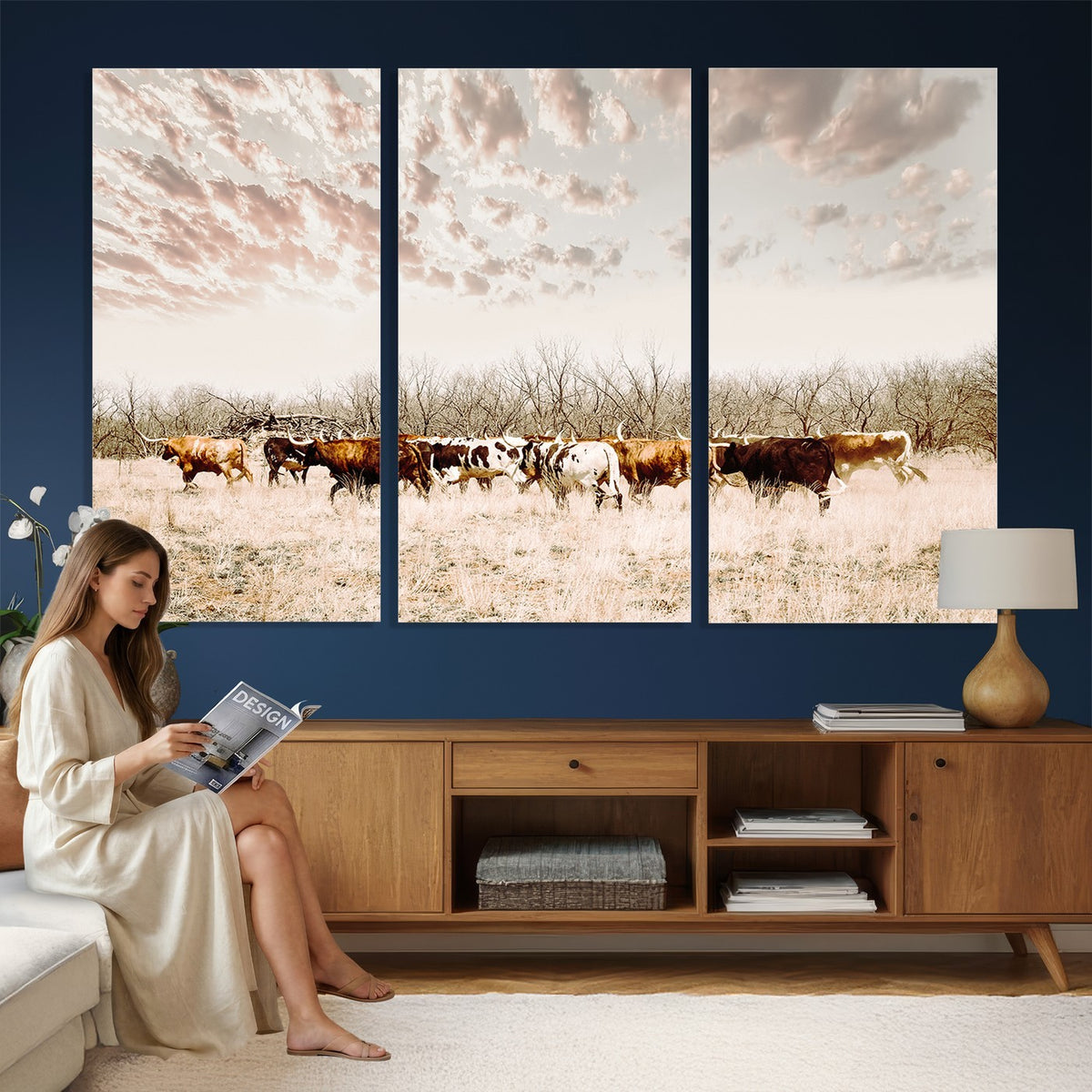 64892775-MGV-CV-24X16 - Longhorn Cattle Wall Art Canvas Print, Framed Texas Ranch Art, Western Cow Print, Prairie Landscape Decor
