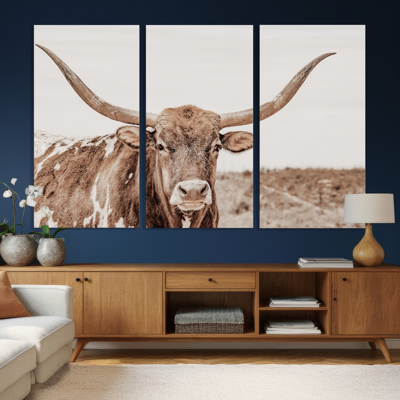 39964150-MGV-CV-36X24 - Longhorn Cow Wall Art Canvas Print, Texas Ranch Print, Framed Western Bull Art Print, Large BigHorn Cowboy Printing Perfect for County Decor