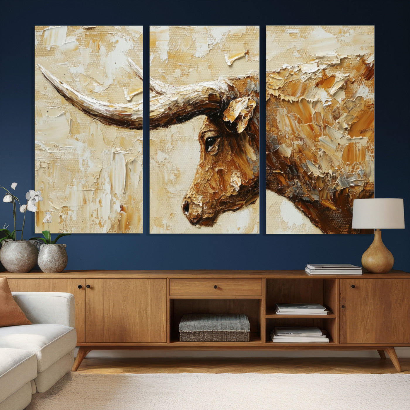 69611428-MGV-CV-36X24 - Rustic Longhorn Bull Wall Art Canvas Print – Vintage Western Cattle Painting, Texas Abstract Wall Cow Prints