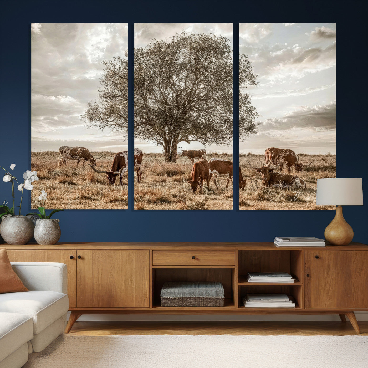 87590224-MGV-CV-36X24 - Texas Longhorn Cattle Wall Art Canvas Print – Rustic Western Ranch Scene with Steers at Sunset, Perfect for Farmhouse or Cowboy Decor